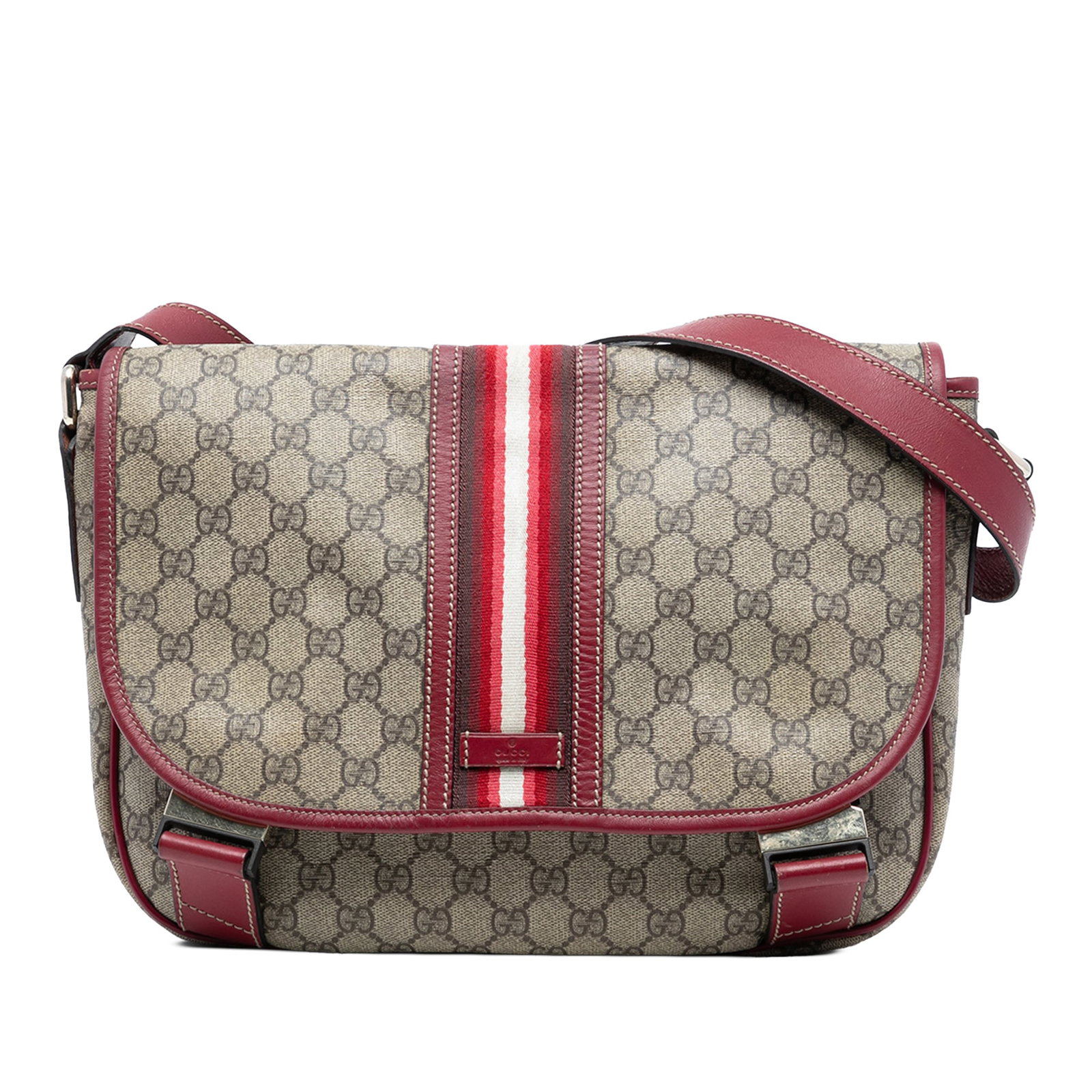 GG Supreme Web Coated Canvas Crossbody Bag with Leather Trim: GG Supreme Web Coated Canvas Crossbody Bag with Leather Trim This Gucci GG Supreme Web Crossbody bag features a coated canvas body with leather trim, an adjustable flat leather strap, top flap with bu