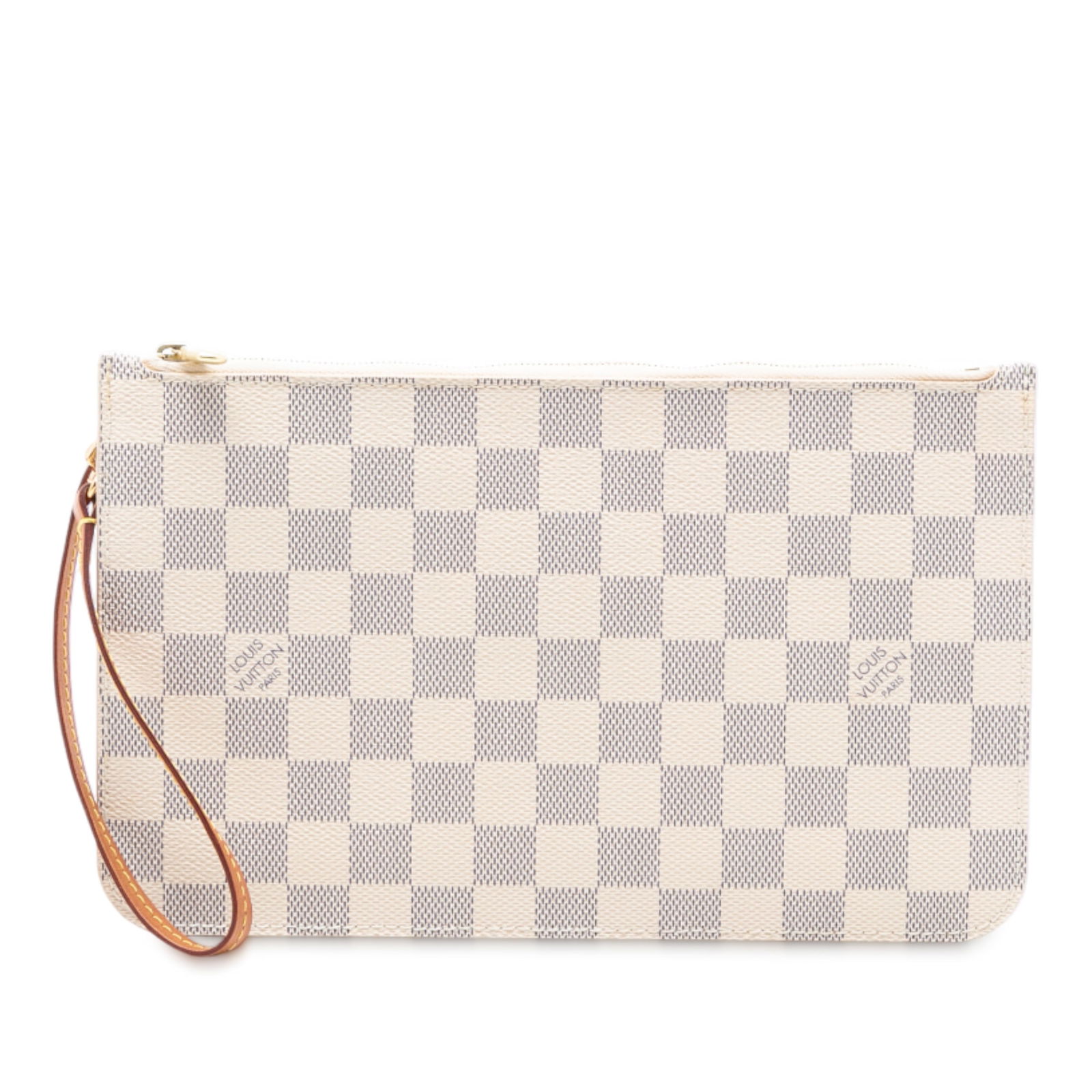Louis Vuitton Neverfull MM Damier Azur Canvas Wristlet Pouch: Louis Vuitton Neverfull MM Damier Azur Canvas Wristlet Pouch This Louis Vuitton Damier Azur Neverfull MM pouch features a signature damier azur canvas body with a flat vachetta leather wrist strap. Th