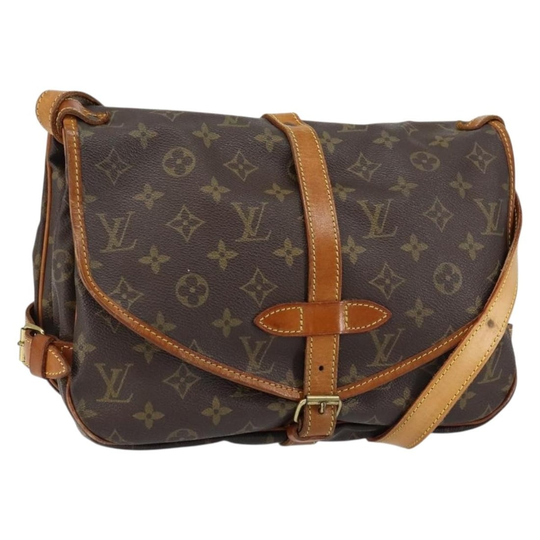 Monogram Canvas Saumur Shoulder Bag by Louis Vuitton: Monogram Canvas Saumur Shoulder Bag by Louis Vuitton This Louis Vuitton Saumur Handbag features the iconic Monogram canvas in a brown colorway, designed for female use. The pre-owned bag is in good co