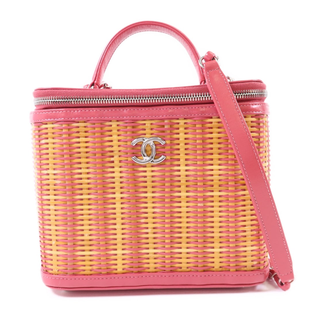 Chanel Pink Calfskin and Wicker Vanity 2Way Chain Shoulder Bag: Chanel Pink Calfskin and Wicker Vanity 2Way Chain Shoulder Bag This CHANEL 2-way shoulder bag features a stylish vanity case design crafted from pink calfskin leather and rattan wicker. The bag is equ