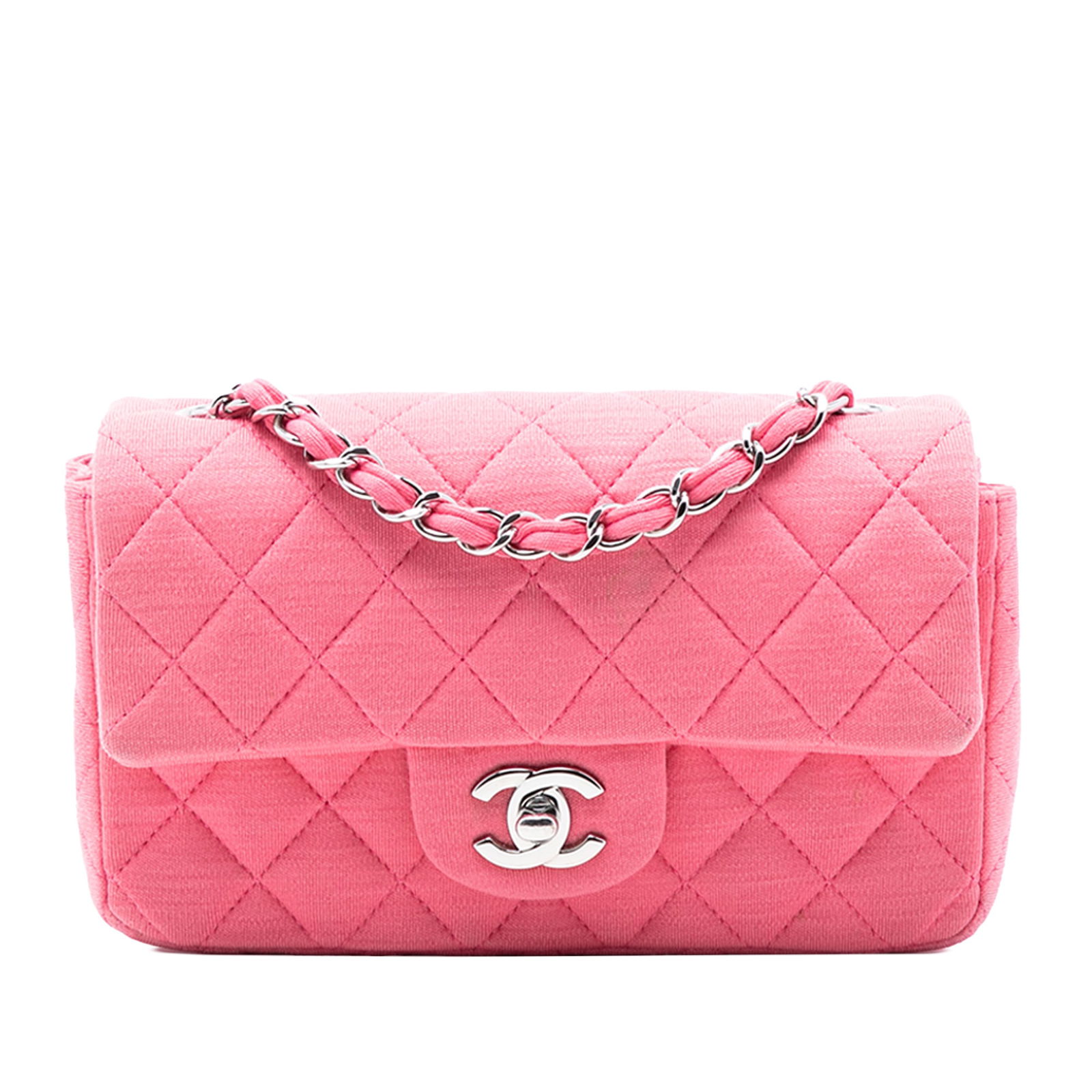 Pink Chanel Mini Rectangular Jersey Flap Bag with Chain Strap: Pink Chanel Mini Rectangular Jersey Flap Bag with Chain Strap This Chanel Mini Rectangular Classic Jersey Single Flap bag features a quilted jersey fabric exterior in pink, complemented by a leather-w