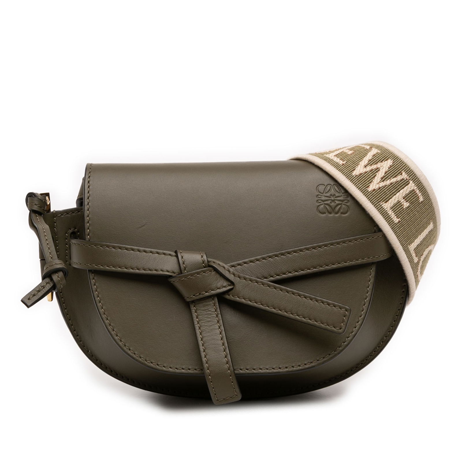 Mini Gate Dual Shoulder Bag in Soft Calfskin Leather by Loewe: Mini Gate Dual Shoulder Bag in Soft Calfskin Leather by Loewe This LOEWE Mini Soft Calfskin Gate Dual Bag showcases a leather body with distinctive knotted leather strap details and a top flap closure
