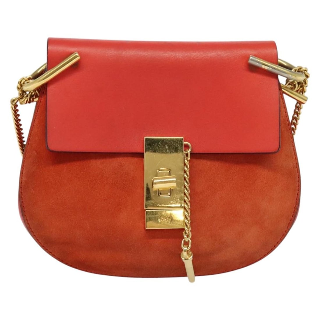 Chloe Drew Small Red Suede and Leather Crossbody Bag: Chloe Drew Small Red Suede and Leather Crossbody Bag This Chloe Drew crossbody bag is crafted from red suede and designed for women. The bag features a structured silhouette with a compact size, compl