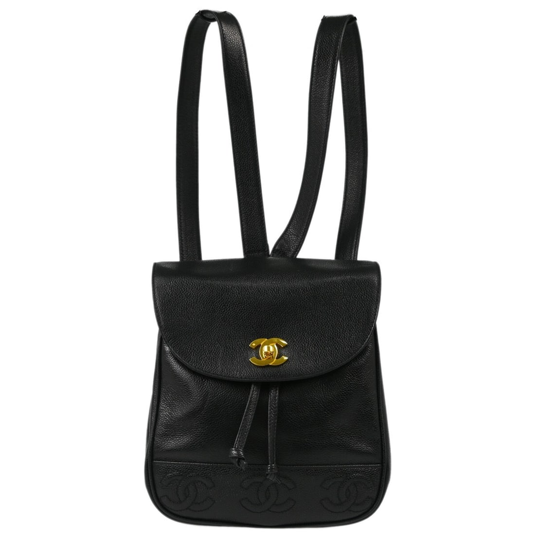 Chanel Caviar Leather Black Triple CC Backpack with Turnlock: Chanel Caviar Leather Black Triple CC Backpack with Turnlock This stylish Chanel Triple CC Backpack is crafted from luxurious black caviar skin leather, showcasing the iconic turnlock logo accent. Des