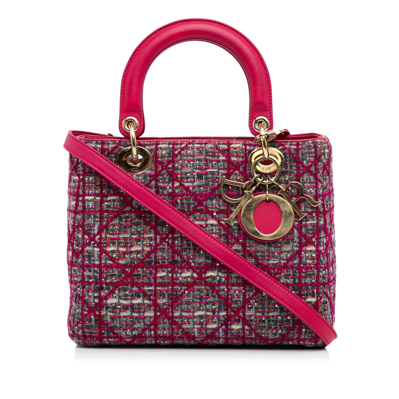 Dior Medium Tweed Macrocannage Handbag Pink Fabric: Dior Medium Tweed Macrocannage Handbag Pink Fabric Introducing the Medium Tweed Macrocannage Lady Dior, a chic and elegant handbag crafted from luxurious tweed with a striking pink hue. This sophistic