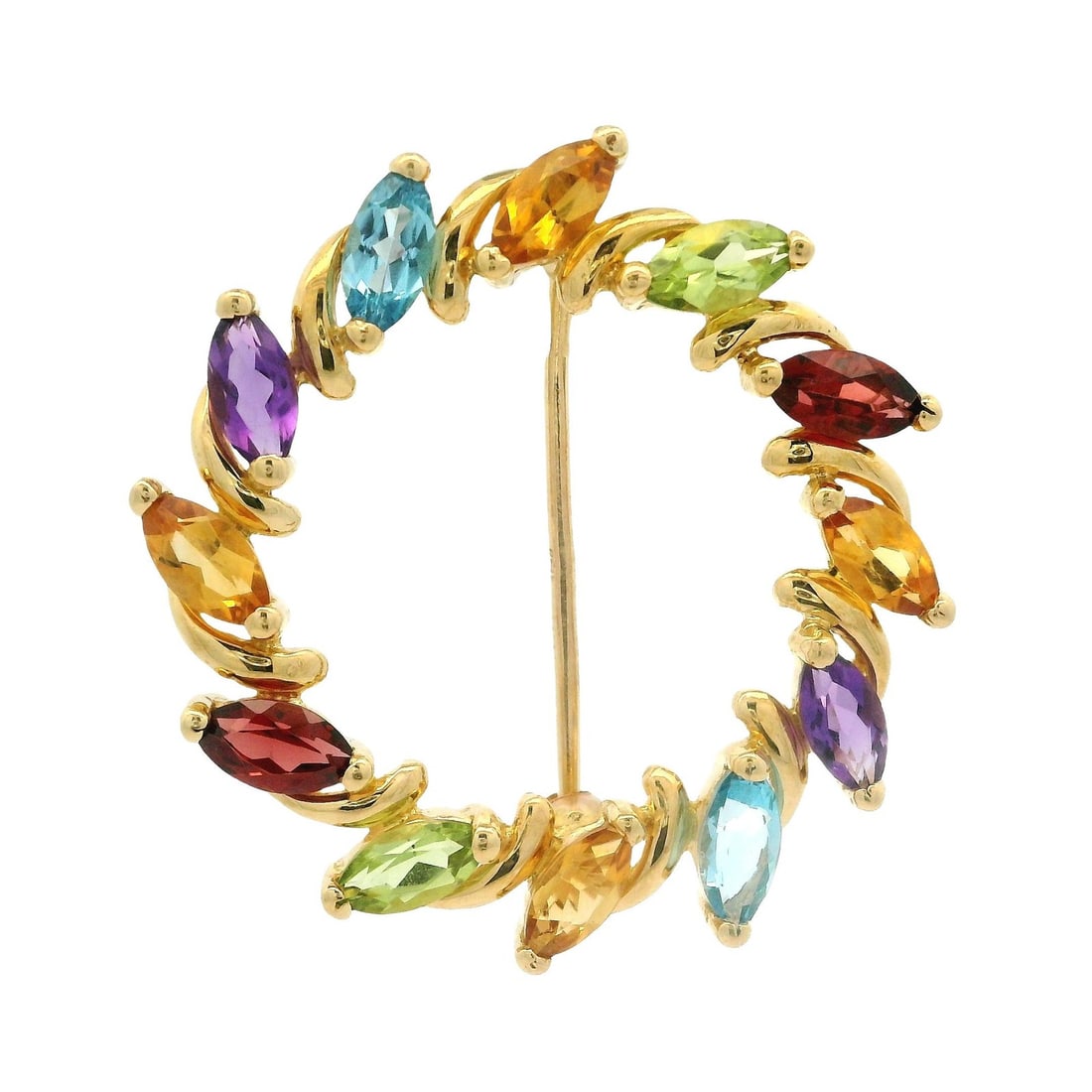 18k Yellow Gold Multi Color Gemstone Circle Wreath Brooch Pin: 18k Yellow Gold Multi Color Gemstone Circle Wreath Brooch Pin This exquisite 18k Yellow Gold Marquise Natural Multi-Color Gemstones Circle Wreath Pin Brooch showcases a stunning arrangement of twelve