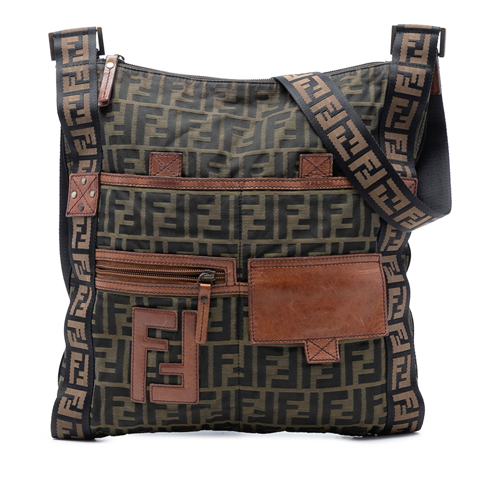 Fendi Zucca Canvas FF Messenger Crossbody Bag with Leather Trim: Fendi Zucca Canvas FF Messenger Crossbody Bag with Leather Trim This Fendi Zucca Canvas FF Flat Messenger Bag features a brown canvas body with leather trim, a flat shoulder strap, top zip closure, an