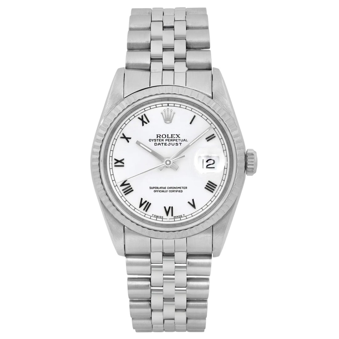 Rolex Datejust 36mm Automatic Watch Steel Gold Roman White Dial 16234: Rolex Datejust 36mm Automatic Watch Steel Gold Roman White Dial 16234 Experience the elegance of the Rolex Datejust, a classic luxury wristwatch featuring a 36mm stainless steel case with a polished f