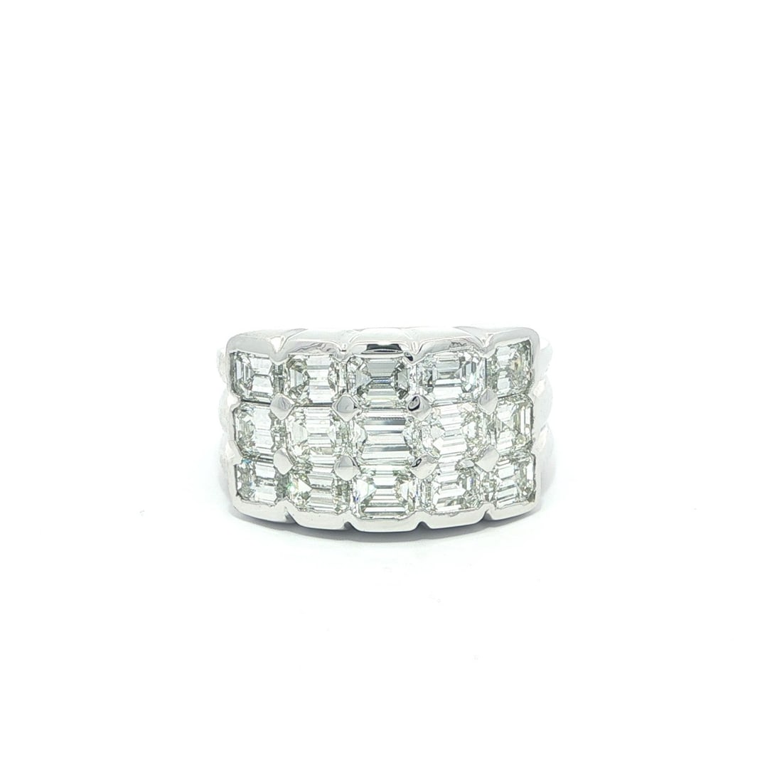 Emerald Cut Diamond Band in 18k White Gold Three Row Wide Design 3.75ctw: Emerald Cut Diamond Band in 18k White Gold Three Row Wide Design 3.75ctw This statement band ring features 3.75 carats total weight of natural emerald cut diamonds, prong and bezel set in solid 18k wh