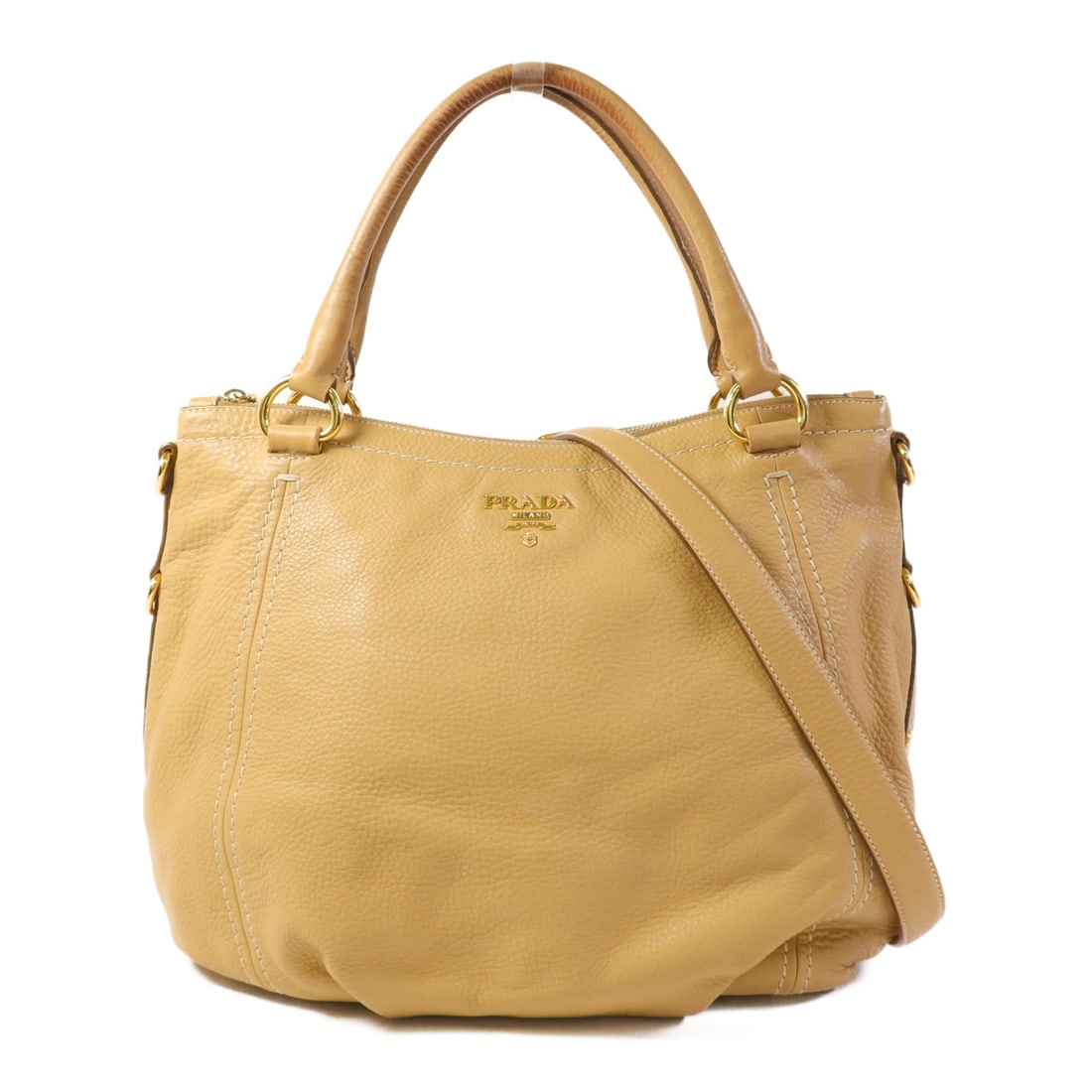 PRADA 2 Way Shoulder Bag BR4420 Beige Calfskin Leather GHW: PRADA 2 Way Shoulder Bag BR4420 Beige Calfskin Leather GHW Elevate your accessory collection with this PRADA 2 Way Shoulder Bag, crafted from luxurious calfskin leather in an elegant beige hue. This v