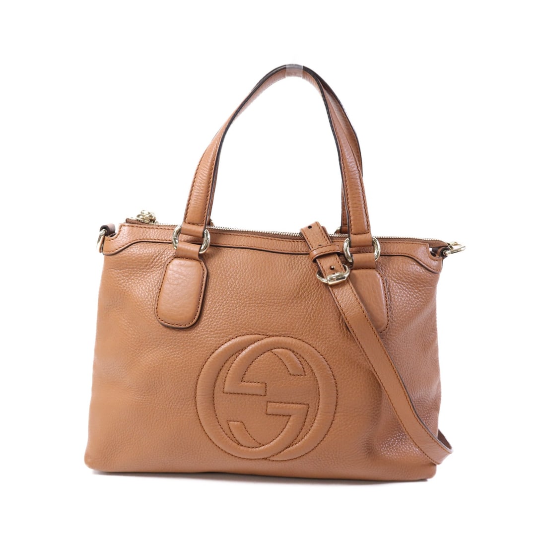 Gucci Brown Calfskin GG 2-Way Shoulder Bag with Gold Hardware: Gucci Brown Calfskin GG 2-Way Shoulder Bag with Gold Hardware This GUCCI 2-way shoulder bag features a classic brown calfskin leather exterior and gold-tone hardware. Made in Italy, the bag offers ver