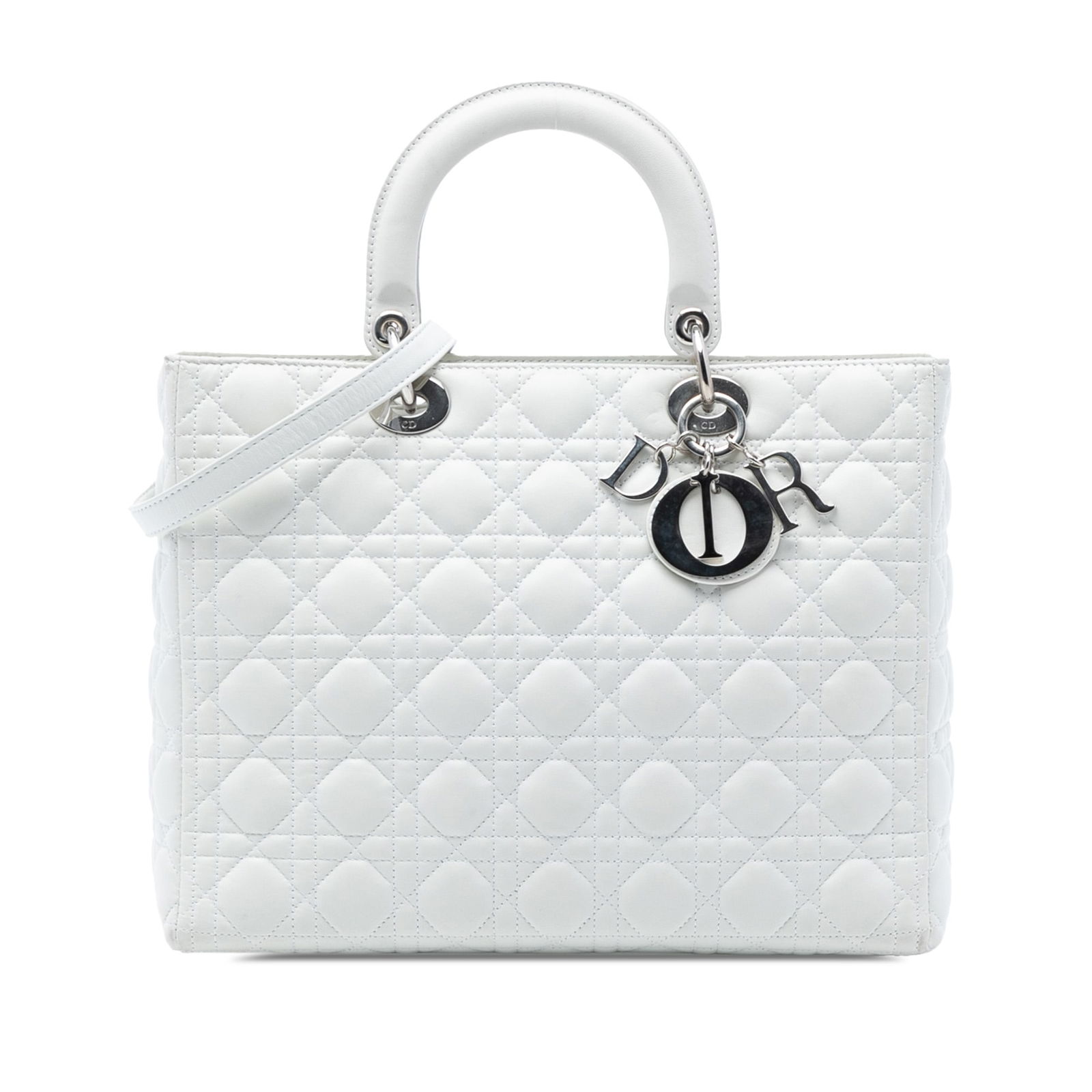 Dior Lady Dior Large White Quilted Lambskin Tote with Detachable Strap: Dior Lady Dior Large White Quilted Lambskin Tote with Detachable Strap This Lady Dior handbag features a luxurious quilted lambskin leather exterior in white, complemented by flat top handles and a de