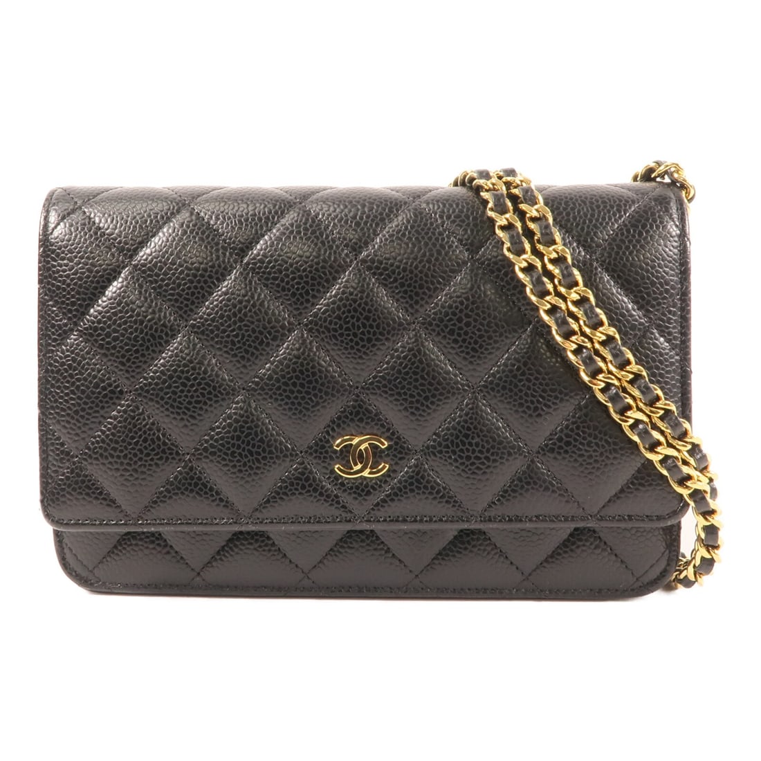 Black Calfskin Chanel Wallet On Chain Shoulder Bag with Gold Hardware: Black Calfskin Chanel Wallet On Chain Shoulder Bag with Gold Hardware This CHANEL CC Wallet On Chain shoulder bag features premium black calfskin leather and a versatile design. The bag is crafted wit