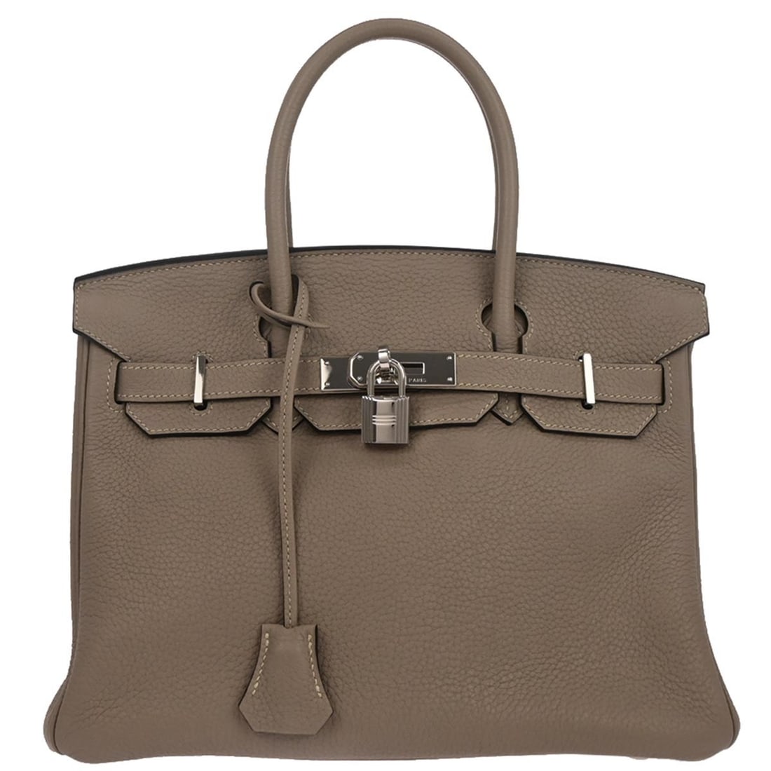Etoupe Togo Leather Medium Birkin 30 Tote Bag by Hermes: Etoupe Togo Leather Medium Birkin 30 Tote Bag by Hermes This Hermes Birkin 30 handbag features Etoupe gray Togo leather with a brown exterior and a medium size. The bag is designed with double handles