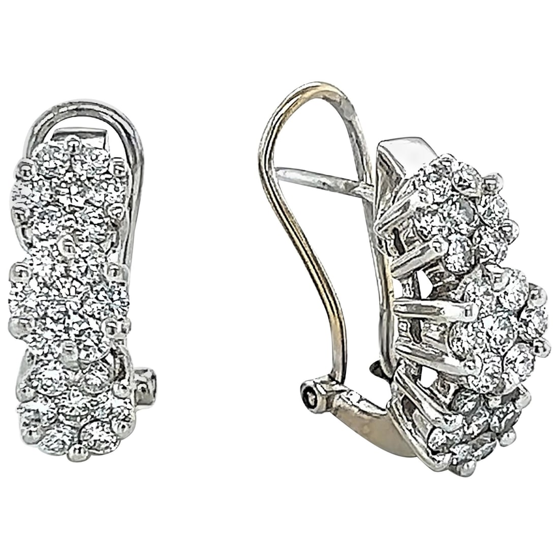 Stunning 1.36ct Diamond Semi Hoop Earrings in 18k White Gold: Stunning 1.36ct Diamond Semi Hoop Earrings in 18k White Gold Elevate your elegance with these stunning three-row semi hoop earrings, showcasing a beautiful arrangement of 42 round diamonds totaling 1.