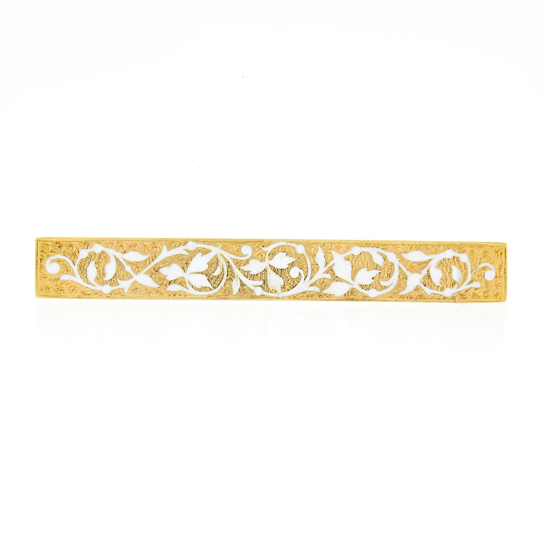 Krementz 14K Gold Floral Engraved White Enamel Bar Brooch: Krementz 14K Gold Floral Engraved White Enamel Bar Brooch This exquisite vintage bar pin brooch by Krementz is a stunning example of retro craftsmanship from the era of 1935-1950. Crafted from solid 1
