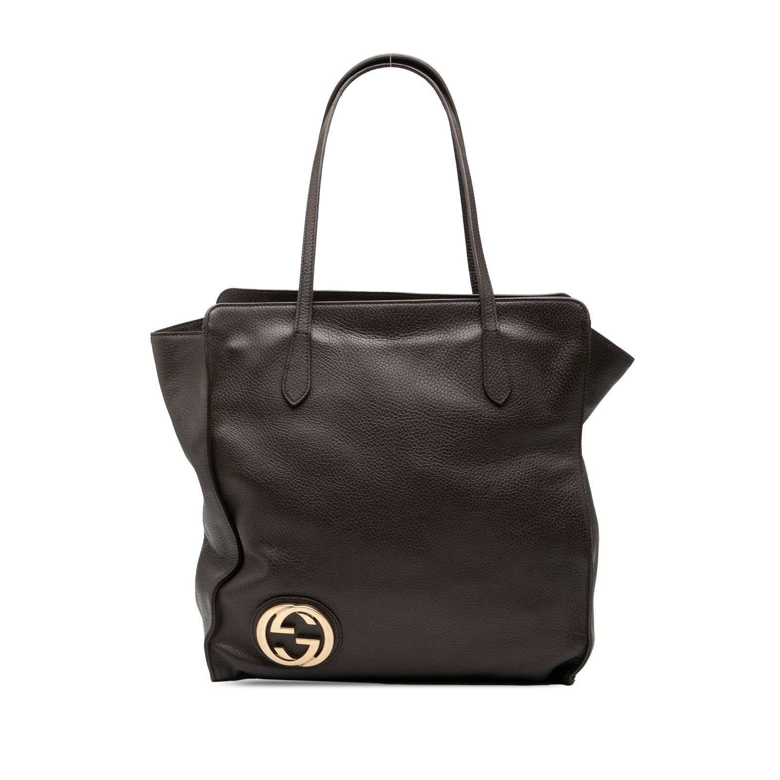 Gucci Dollar Calf Leather Tote with Interlocking G Accent: Gucci Dollar Calf Leather Tote with Interlocking G Accent This Gucci Dollar Calfskin Interlocking G Tote is crafted from brown calf leather and features flat leather handles, a top zip closure, and in