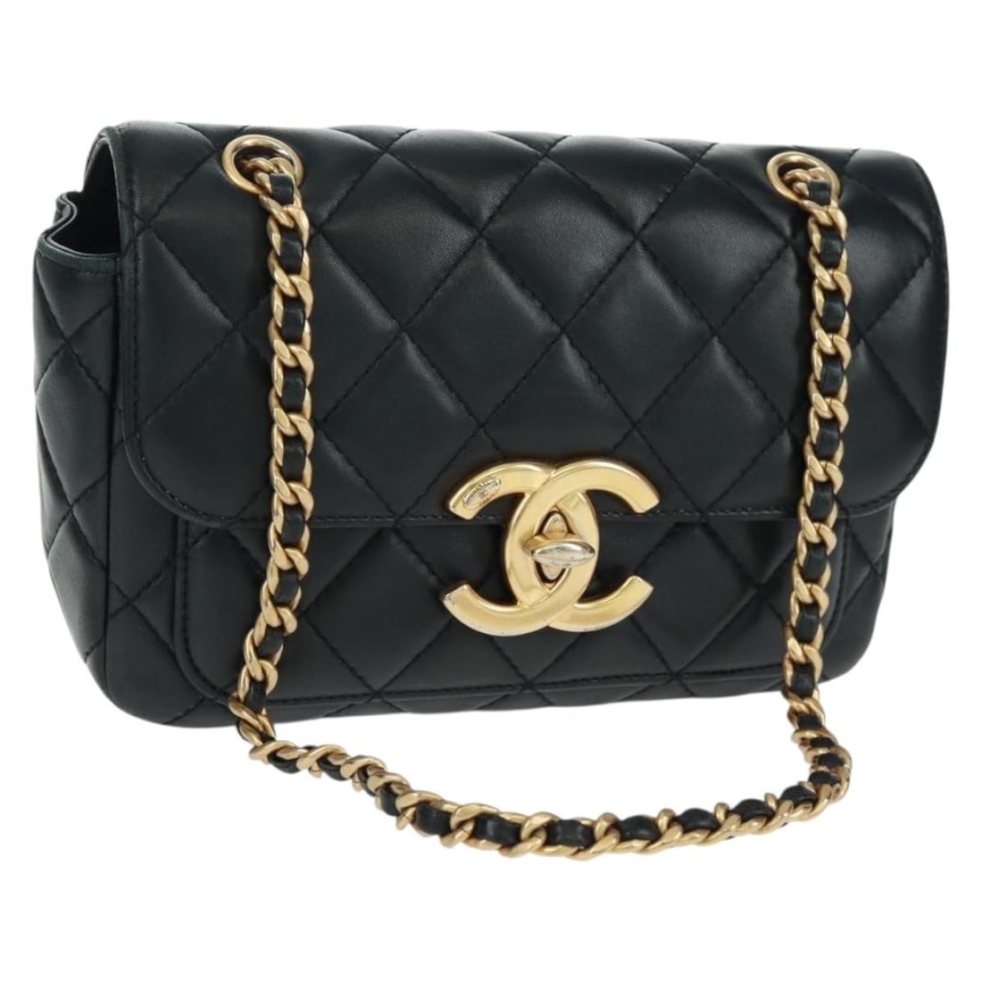 Chanel Black Lambskin Matelasse Shoulder Bag with Gold Chain and CC Logo: Chanel Black Lambskin Matelasse Shoulder Bag with Gold Chain and CC Logo This CHANEL Matelasse chain shoulder bag is crafted from luxurious lambskin leather in black with gold-tone accents. The bag fe