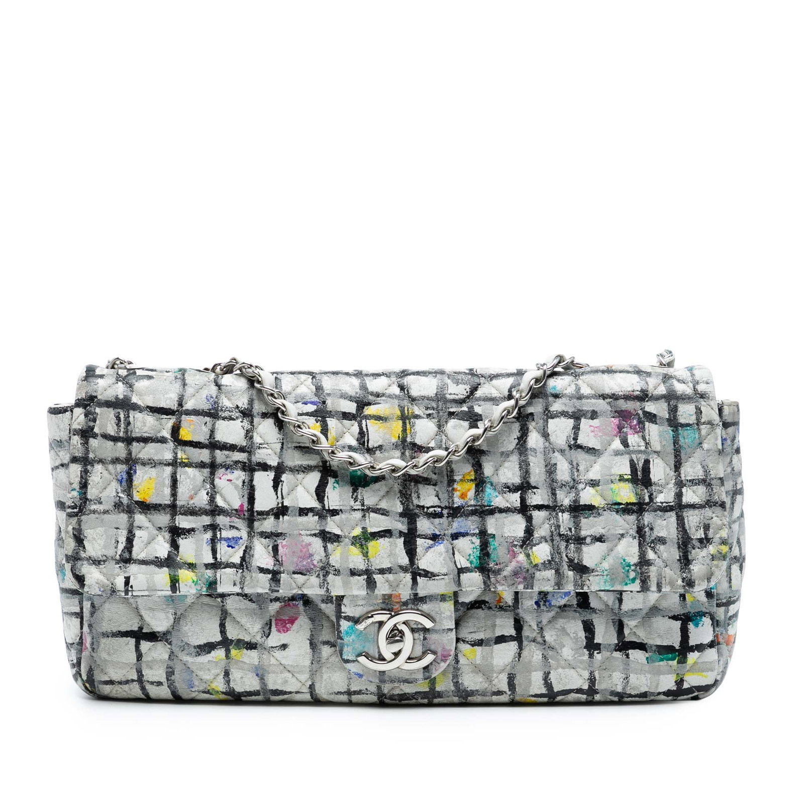 Chanel Medium Calfskin Hand Painted Graffiti Flap Bag White: Chanel Medium Calfskin Hand Painted Graffiti Flap Bag White Elevate your style with this stunning Chanel Medium Calfskin Hand Painted Graffiti Flap. Crafted from premium painted calfskin leather, this