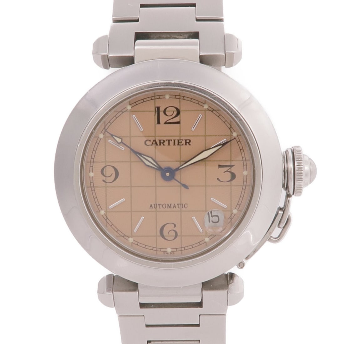 CARTIER Pasha C W32024M7 Automatic Stainless Steel Wristwatch Salmon Pink: CARTIER Pasha C W32024M7 Automatic Stainless Steel Wristwatch Salmon Pink The CARTIER Pasha C W32024M7 is a distinguished wristwatch that showcases a blend of elegance and functionality. Crafted from