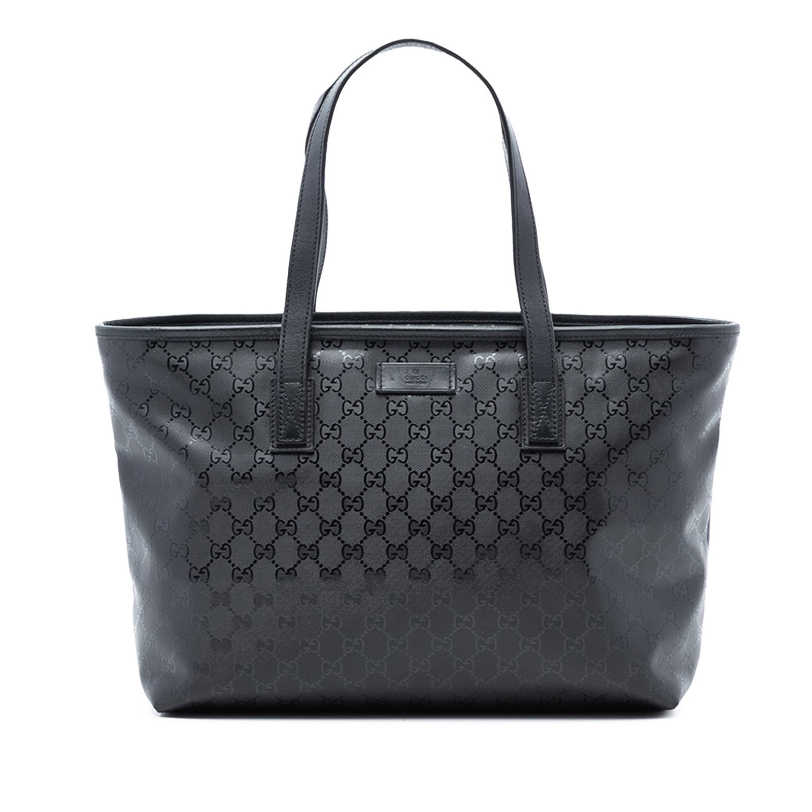 Black GG Imprime Medium Tote Bag with Leather Trim by Gucci: Black GG Imprime Medium Tote Bag with Leather Trim by Gucci This Gucci Medium GG Imprime Tote features a coated canvas body with leather trim, flat leather straps, a top zip closure, and interior slip