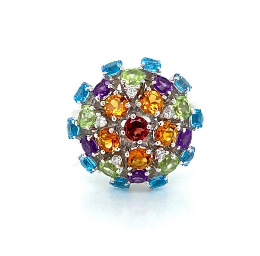 Dome Ring in 14k White Gold with Multicolor Gemstones and Diamond Size 6: Dome Ring in 14k White Gold with Multicolor Gemstones and Diamond Size 6 This 14k white gold ring features a distinctive dome design set with a combination of multicolor gemstones, including blue topa