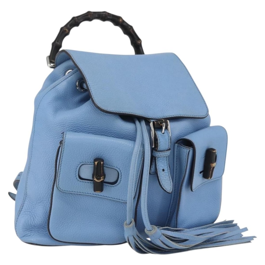 Light Blue Leather Bamboo Backpack by Gucci Model 370833 Italy: Light Blue Leather Bamboo Backpack by Gucci Model 370833 Italy This GUCCI Bamboo backpack is crafted in light blue and silver leather, featuring the signature bamboo design elements. Made in Italy, th