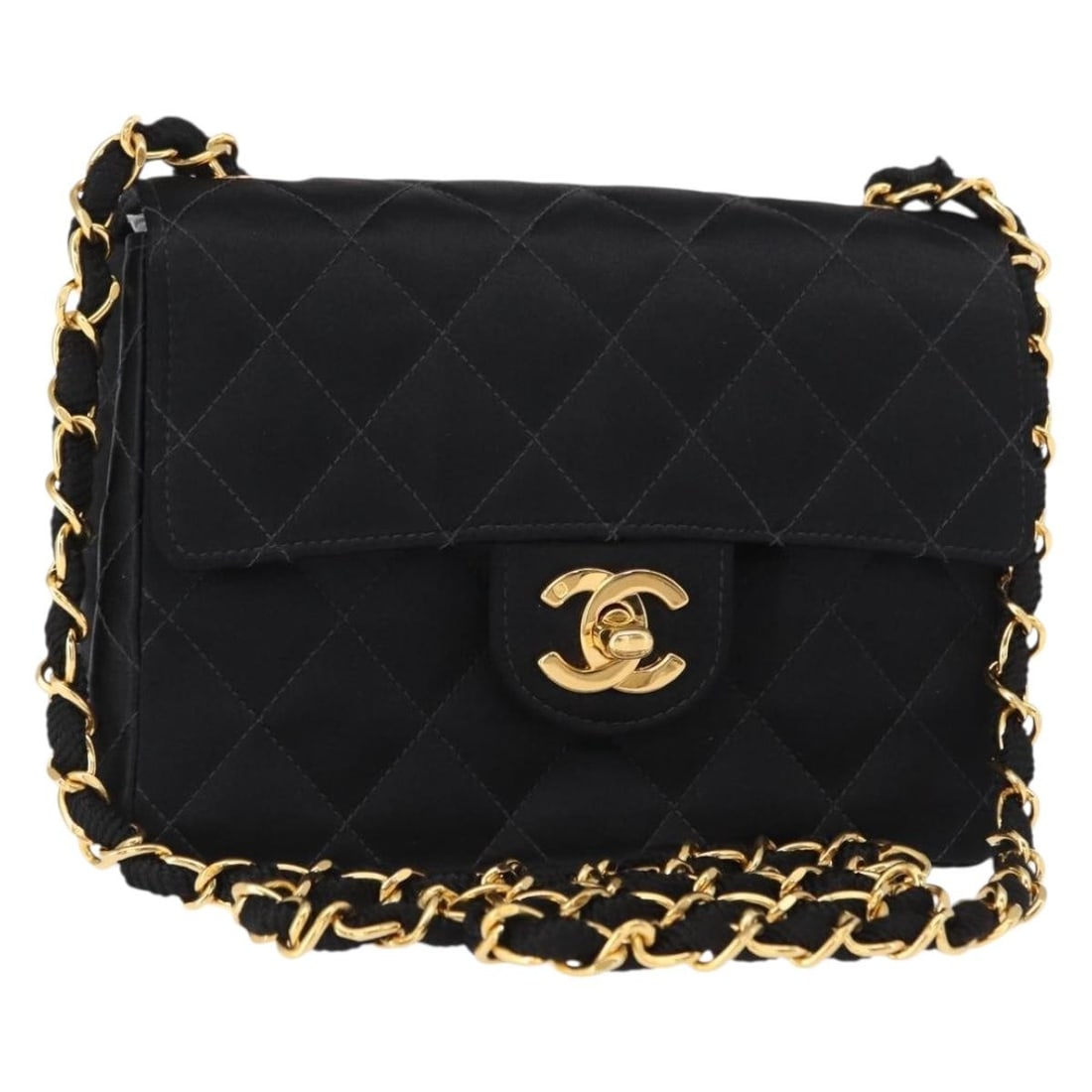 CHANEL Mini Matelasse 17 Satin Shoulder Bag Black Gold Auth 156632SAM: CHANEL Mini Matelasse 17 Satin Shoulder Bag Black Gold Auth 156632SAM This exquisite CHANEL Mini Matelasse 17 Chain Shoulder Bag showcases a luxurious satin exterior in elegant black and gold. Crafted