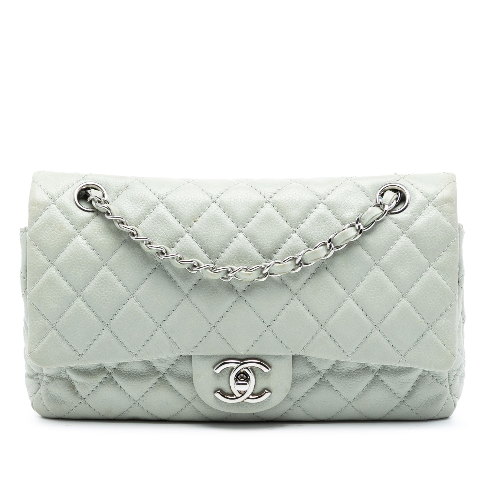 Gray Quilted Leather Shoulder Bag Chanel Medium Classic Caviar Double Flap: Gray Quilted Leather Shoulder Bag Chanel Medium Classic Caviar Double Flap This Chanel Medium Classic Caviar Double Flap shoulder bag features a quilted caviar leather body, leather-woven chain straps
