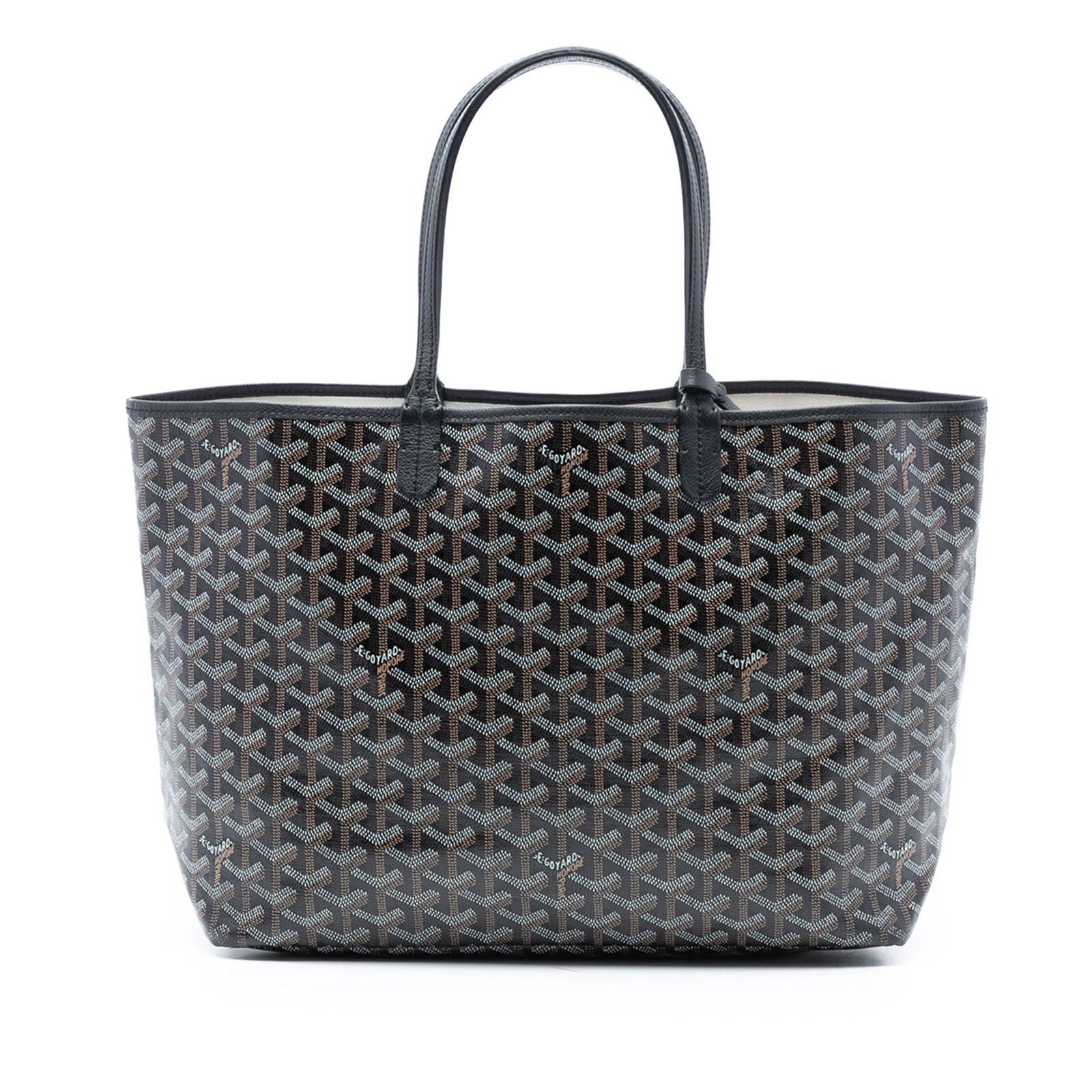 Goyard Saint Louis PM Black Canvas Tote with Pouch: Goyard Saint Louis PM Black Canvas Tote with Pouch The Saint Louis PM features a coated canvas body with leather trim, flat leather handles, an open top, and includes a pouch. This bag is crafted in F