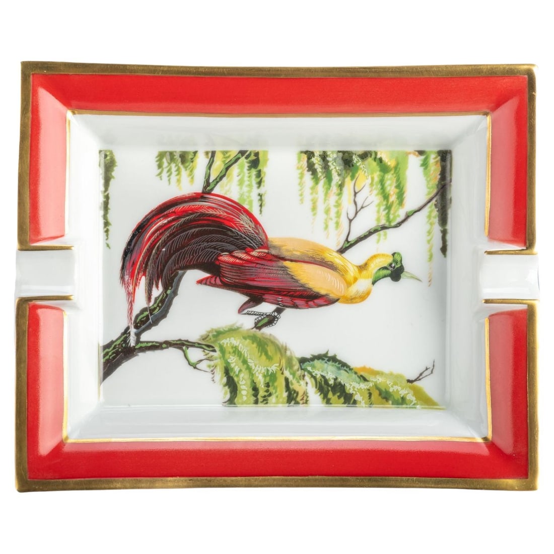 Hermes Red Bird Porcelain Ashtray French Design 21st Century: Hermes Red Bird Porcelain Ashtray French Design 21st Century Add a touch of elegance to your space with this exquisite Hermes porcelain ashtray. Featuring a striking bird design in vibrant red, green,