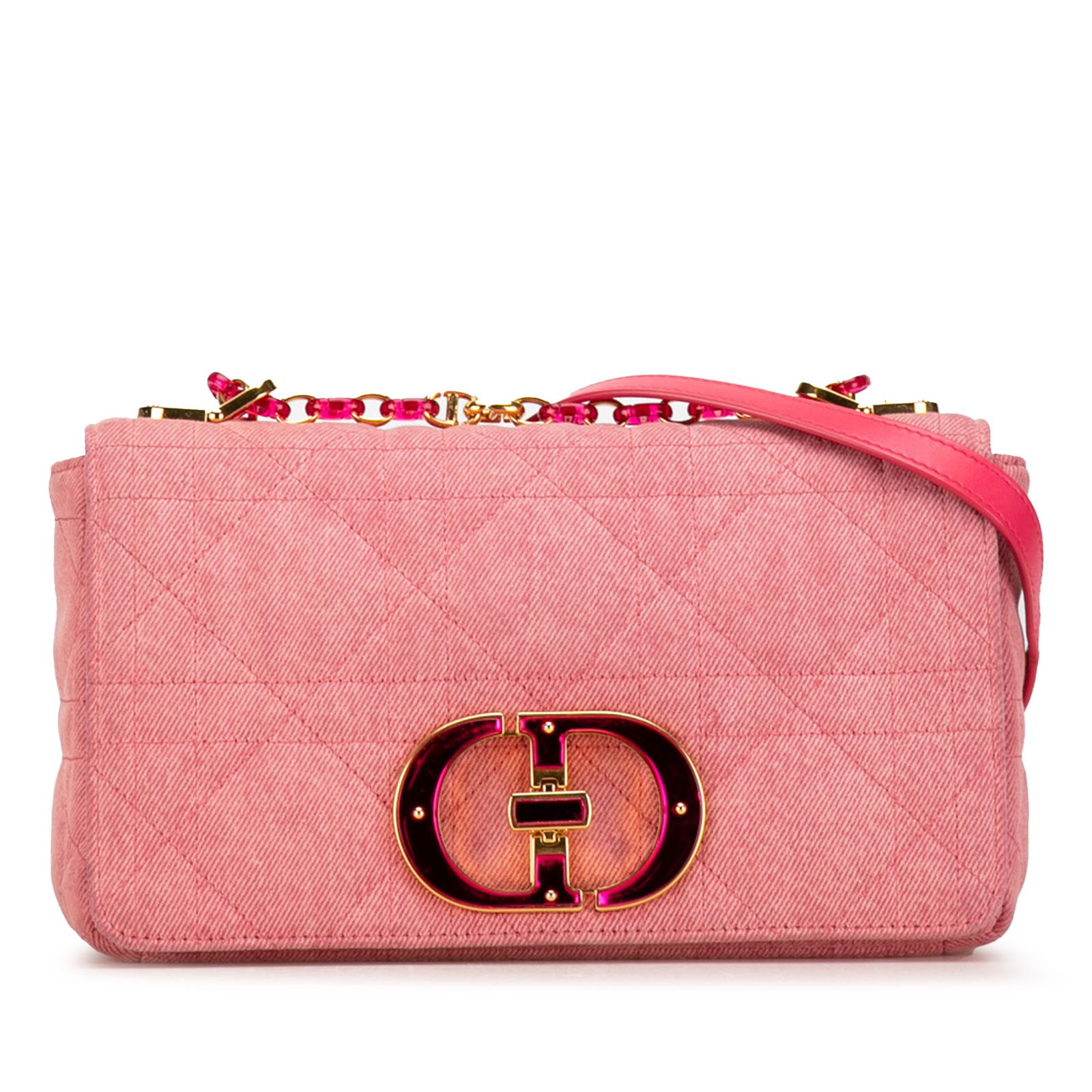 Dior Medium Pink Denim Macrocannage Caro Bag with Chain Strap: Dior Medium Pink Denim Macrocannage Caro Bag with Chain Strap The Dior Medium Denim Macrocannage Caro Bag showcases a stylish quilted denim body in a lovely pink hue. This elegant bag features a chain