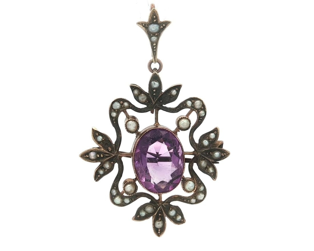 Antique 9k Yellow Gold Amethyst Seed Pearl Lavalier Brooch Pendant: Antique 9k Yellow Gold Amethyst Seed Pearl Lavalier Brooch Pendant This exquisite antique English brooch pendant features a stunning 9k yellow gold design adorned with a natural genuine amethyst and s
