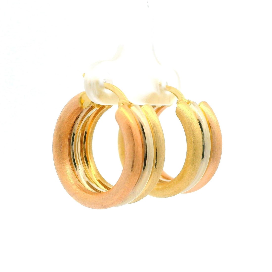 Estate 14k Tri-Color Gold Wide Hoop Earrings with Matte and Polished Finish: Estate 14k Tri-Color Gold Wide Hoop Earrings with Matte and Polished Finish These stunning estate earrings feature a unique tri-color design crafted from solid 14k gold in yellow, white, and rose tone