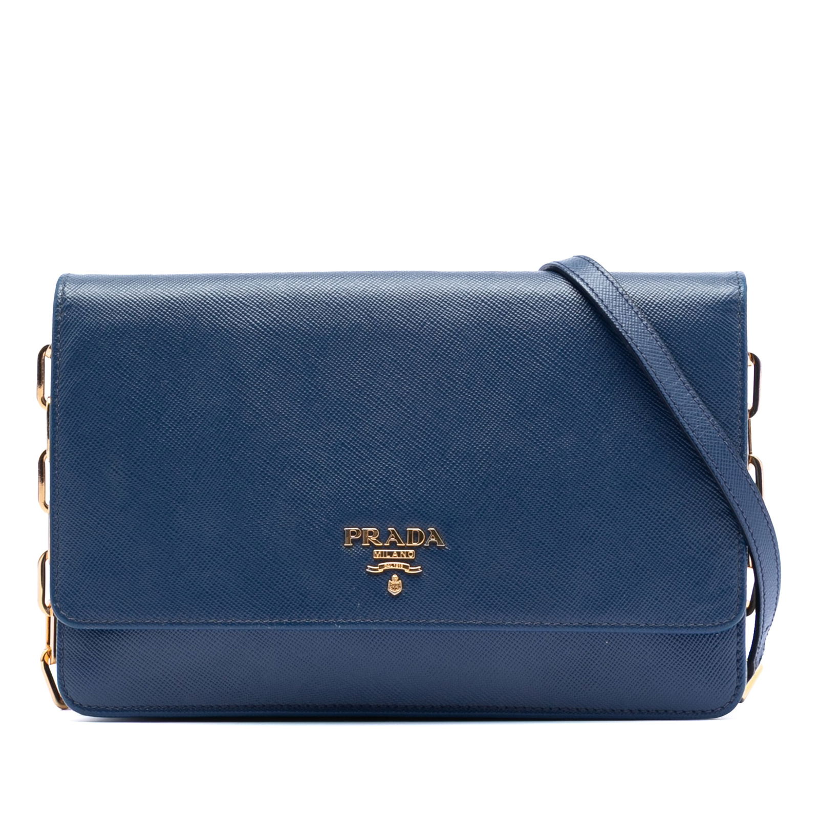 Blue Prada Saffiano Leather Wallet on Chain with Flap and Chain Strap: Blue Prada Saffiano Leather Wallet on Chain with Flap and Chain Strap This Prada Saffiano Wallet On Chain features a blue saffiano leather body, a chain link strap with a leather shoulder guard, a fro