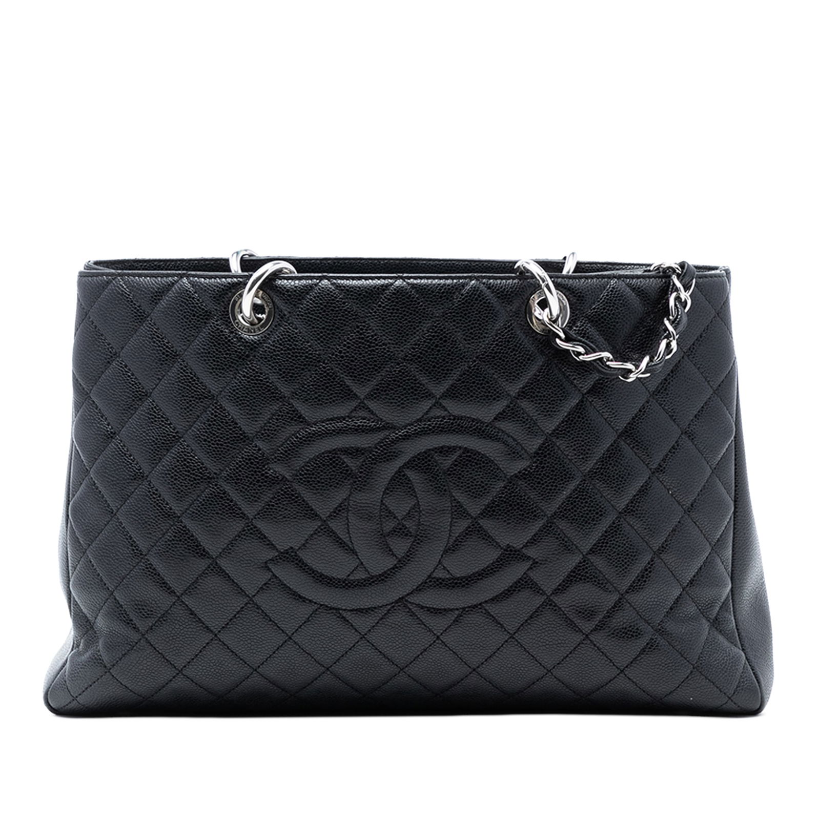 Chanel Black Caviar Leather Grand Shopping Tote XL with Chain Straps: Chanel Black Caviar Leather Grand Shopping Tote XL with Chain Straps This Chanel Grand Shopping Tote XL is crafted from black caviar leather and features a silver-tone chain link with leather-woven st