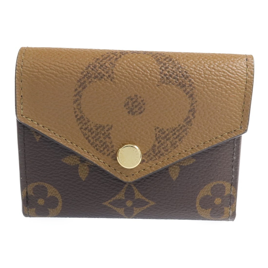 Louis Vuitton Zoe Trifold Monogram Reverse Brown Wallet with Gold Hardware: Louis Vuitton Zoe Trifold Monogram Reverse Brown Wallet with Gold Hardware This Louis Vuitton Zoe tri-fold wallet features a brown monogram reverse design crafted from PVC coated canvas. It is designe