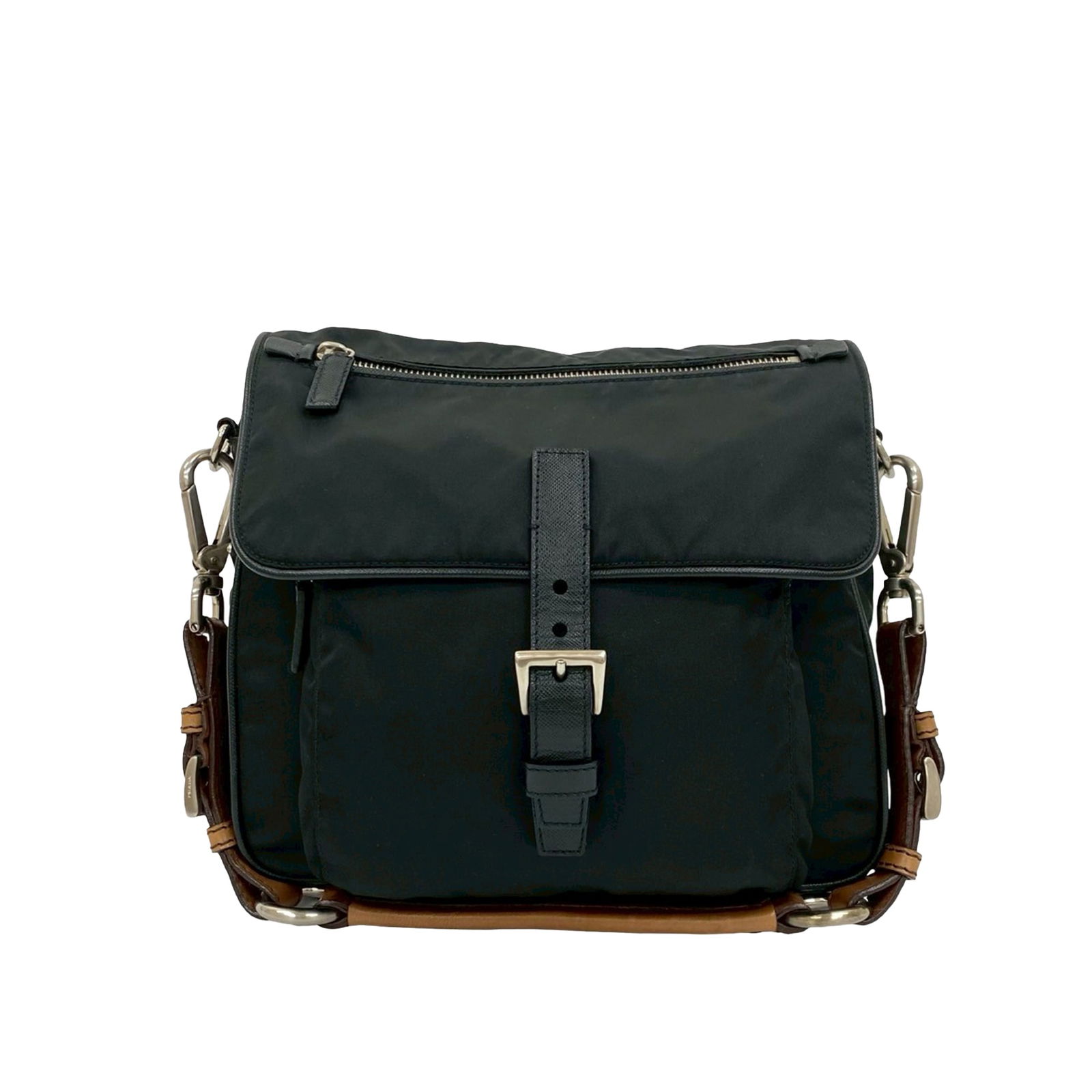 Prada Black Tessuto Shoulder Purse with Saffiano Leather Accents: Prada Black Tessuto Shoulder Purse with Saffiano Leather Accents This Prada Saffiano Trimmed Tessuto Shoulder Bag features a durable black nylon body with saffiano leather trim. It includes a detachab