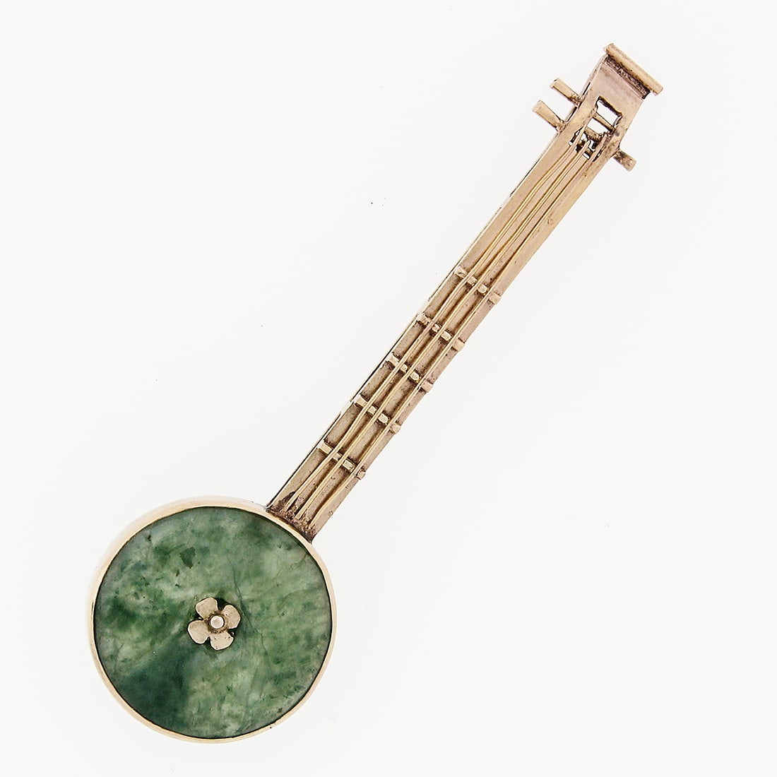 Antique 14k Yellow Gold Marbled Green Jade Banjo Brooch: Antique 14k Yellow Gold Marbled Green Jade Banjo Brooch This exquisite antique brooch is crafted from solid 14k yellow gold and features a beautifully marbled green jade stone. Designed in the shape o