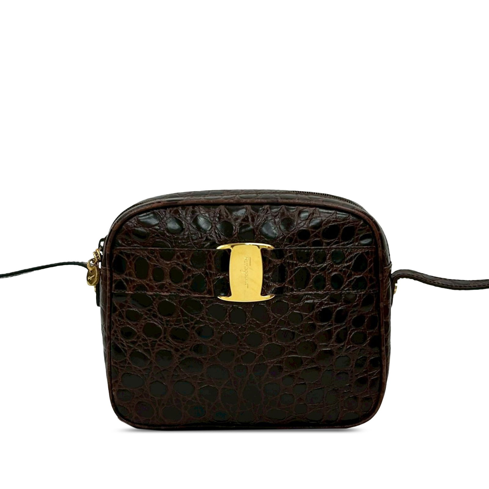 Ferragamo Vara Brown Croc Embossed Leather Crossbody Bag: Ferragamo Vara Brown Croc Embossed Leather Crossbody Bag This Ferragamo crossbody bag features a brown croc-embossed leather body with an adjustable flat leather shoulder strap. It is designed with a