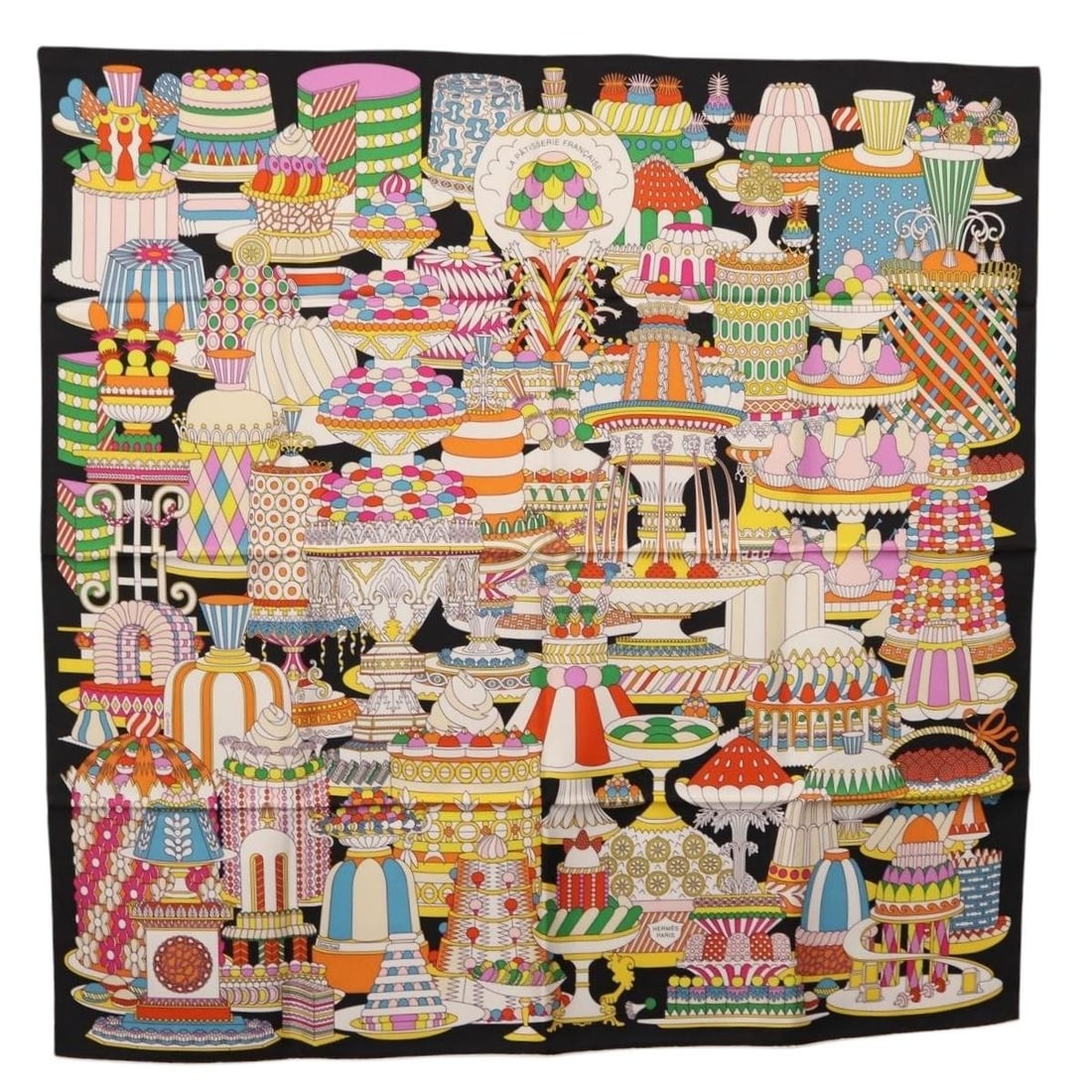 La Patisserie Francaise Silk Square Scarf by Hermes 90cm Black: La Patisserie Francaise Silk Square Scarf by Hermes 90cm Black This Hermes Carre 90 scarf features the "La Patisserie Francaise" design in black silk. Crafted in France, it measures approximately 90 c