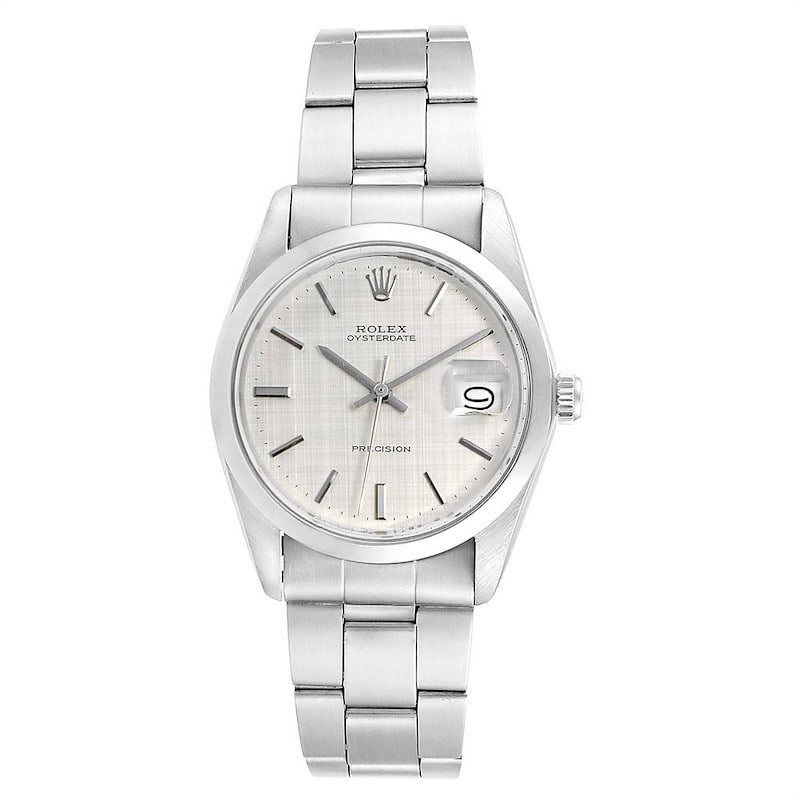 Oysterdate Precision Silver Linen Dial Watch Ref 6694 on Oyster Bracelet: Oysterdate Precision Silver Linen Dial Watch Ref 6694 on Oyster Bracelet Rolex Oysterdate Precision wristwatch featuring a distinctive silver linen dial and smooth bezel. This men's watch is part of t