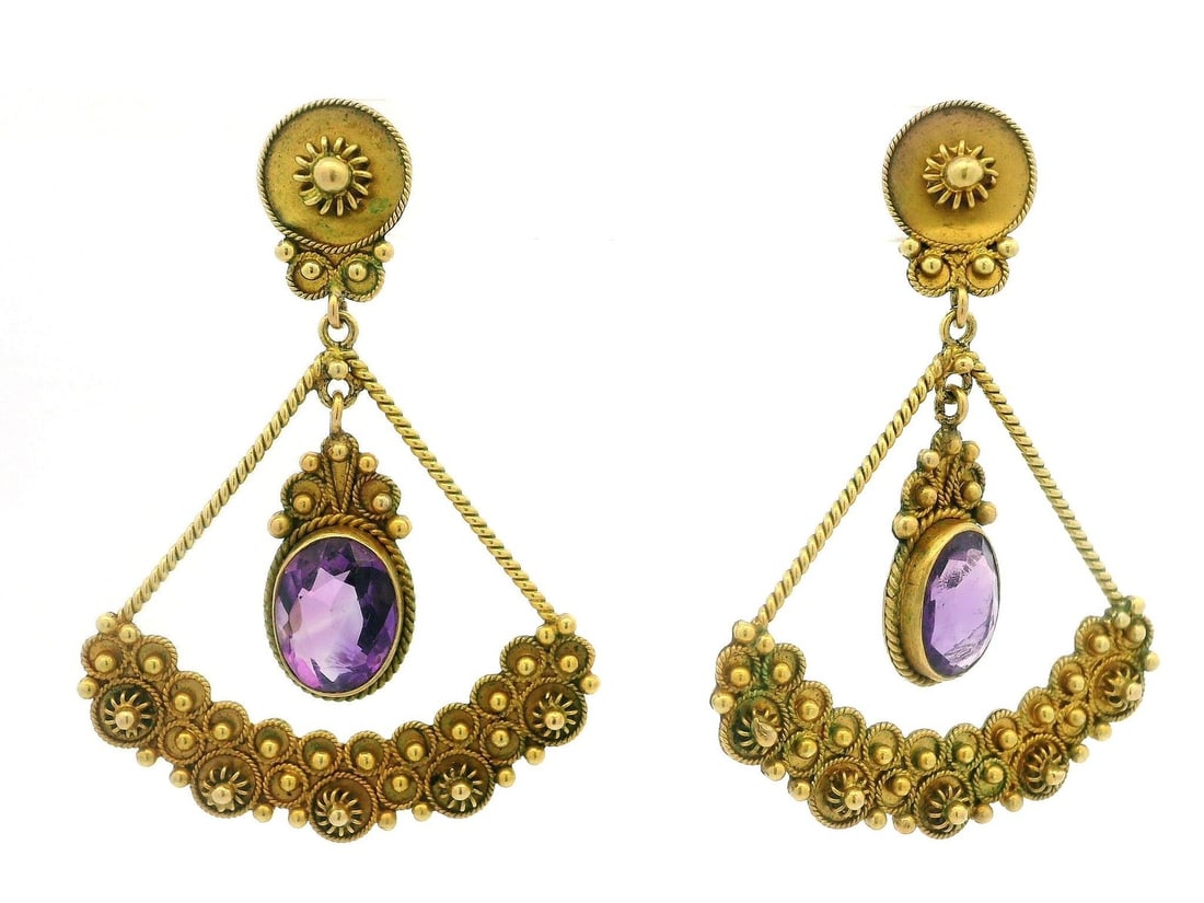 Vintage Etruscan Revival 17-18k Yellow Gold Amethyst Fan Drop Earrings: Vintage Etruscan Revival 17-18k Yellow Gold Amethyst Fan Drop Earrings Discover the elegance of these Vintage Etruscan Revival Solid Yellow Gold Amethyst Fan Dangle Drop Earrings. Crafted from solid 1