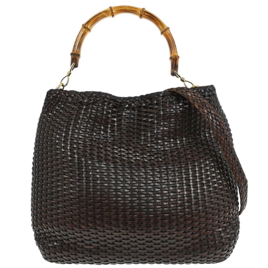 Gucci Bamboo Large Brown Leather Hobo Bag with Top Handle 001.2404.1577: Gucci Bamboo Large Brown Leather Hobo Bag with Top Handle 001.2404.1577 This Gucci Bamboo 2-way hobo handbag is crafted from brown leather and features distinctive bamboo accents. The bag offers versa