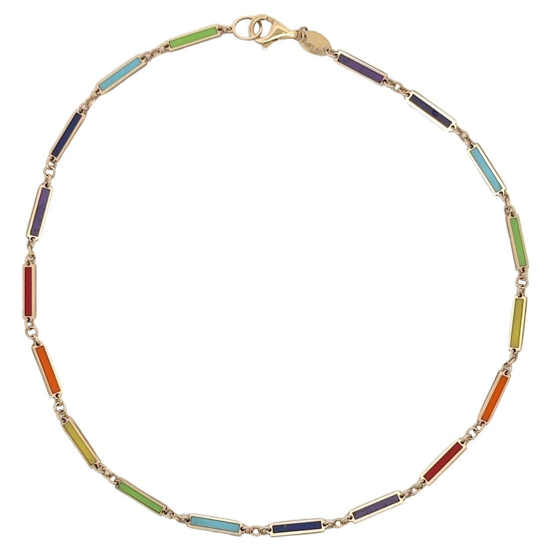 Italian 14K Yellow Gold Multi-Color Enamel Bar Anklet Bracelet 10 in: Italian 14K Yellow Gold Multi-Color Enamel Bar Anklet Bracelet 10 in This exquisite anklet bracelet is crafted from Italian 14 karat yellow gold, adorned with vibrant multi-color enamel bars. Weighing