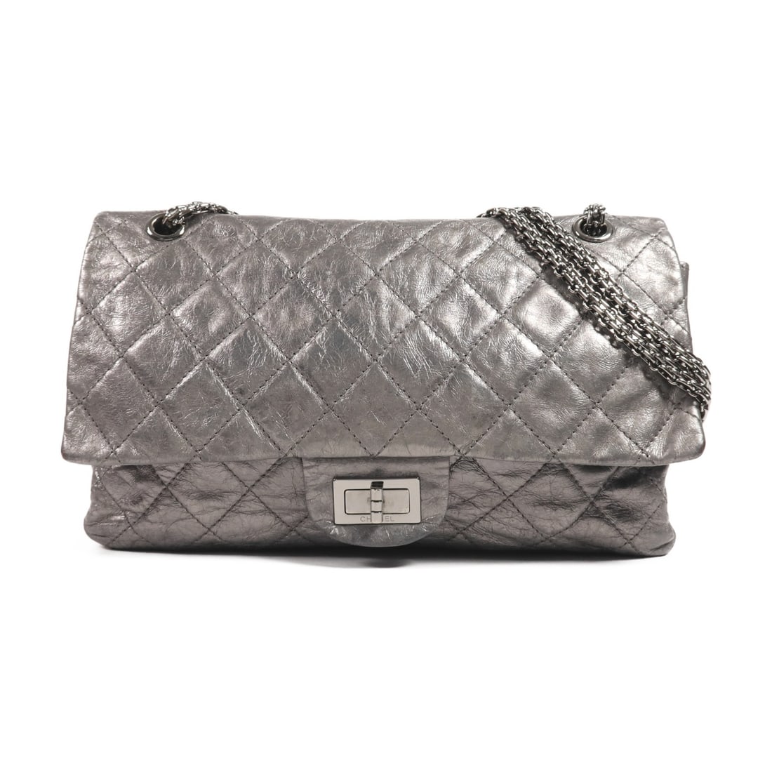 CHANEL 2.55 Chain Shoulder Bag Calfskin Leather Silver Hardware: CHANEL 2.55 Chain Shoulder Bag Calfskin Leather Silver Hardware This CHANEL 2.55 Chain Shoulder Bag is a stunning accessory crafted from premium calfskin leather in a sophisticated silver hue. The bag