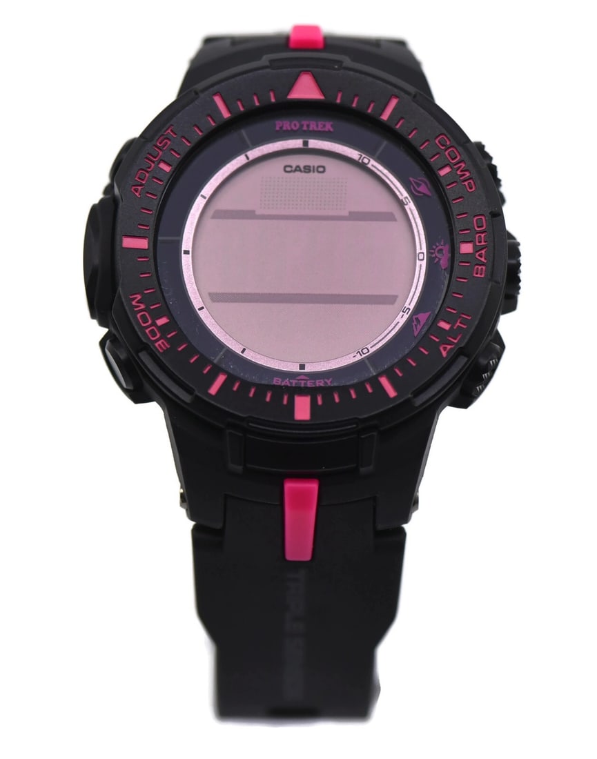Casio Pro Trek Solar Digital Watch PRG300-1A4DR Pink Band 47mm Authentic: Casio Pro Trek Solar Digital Watch PRG300-1A4DR Pink Band 47mm Authentic Introducing the Casio Pro Trek Digital Watch PRG300-1A4DR, a reliable companion for outdoor enthusiasts. This pre-owned wristwa