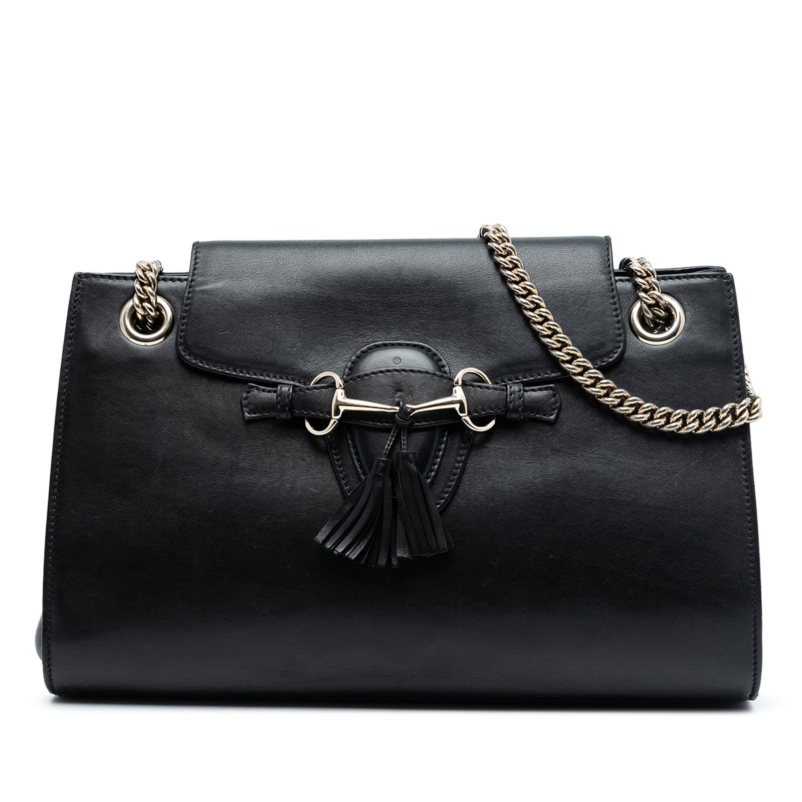 Gucci Emily Black Leather Shoulder Bag with Chain Strap Large: Gucci Emily Black Leather Shoulder Bag with Chain Strap Large This Gucci Large Leather Emily Shoulder Bag features a black leather body with chain straps and flat leather shoulder guards. It is design