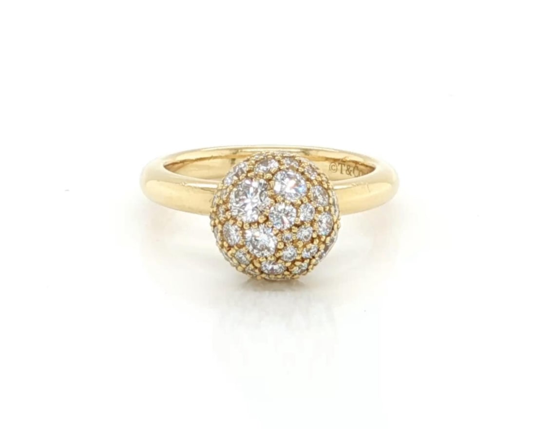 Tiffany HardWear 18k Gold Diamond 8mm Ball Pave Ring Size 4: Tiffany HardWear 18k Gold Diamond 8mm Ball Pave Ring Size 4 This Tiffany & Co. HardWear ring is crafted in solid 18k yellow gold, featuring an 8mm spherical design pave-set with round brilliant diamon