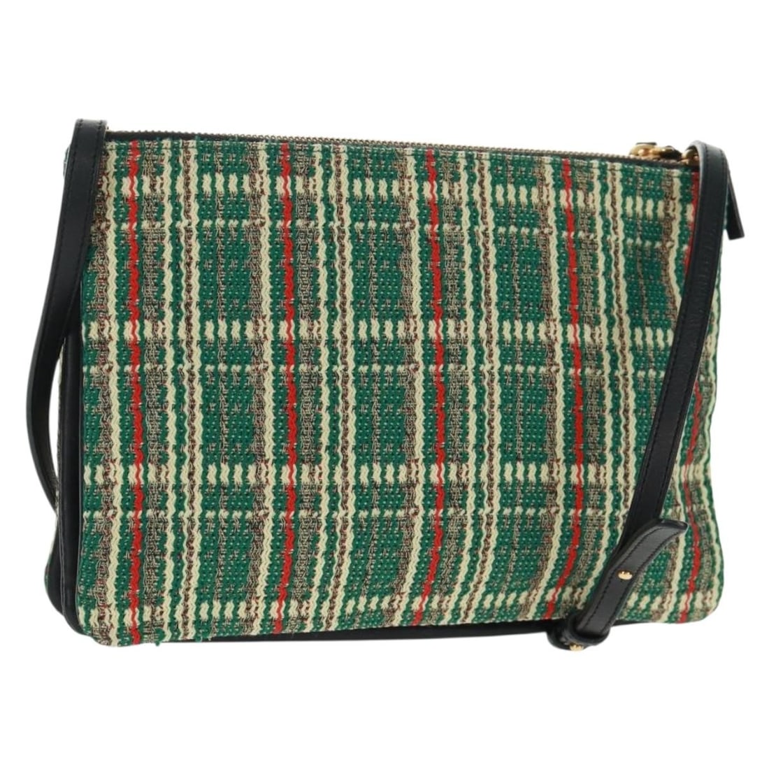 Green Canvas CELINE Trio Large Shoulder Bag with Gold Accents and Dust Bag: Green Canvas CELINE Trio Large Shoulder Bag with Gold Accents and Dust Bag This is a CELINE Trio Large Shoulder Bag crafted from green and gold canvas tweed. The bag features a spacious main compartme